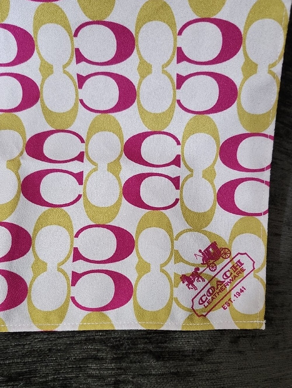 Miss X Coach CC Logo Scarf Chartreuse Pink, & Ivory 26" X 26"